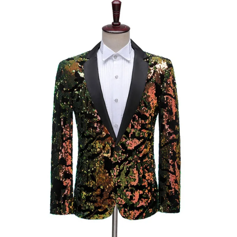 

Blazers for Men Flip Over Glossy Finish Flash Small Suits Cultivation Sequins Preside Bar DJ Perform Suits Gentleman Coat