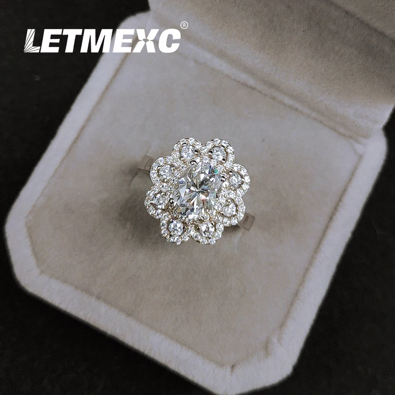 

LETMEXC 1.5CT Moissanite Oval Cut Full Diamond 925 Sterling Silver Classic Ladies Ring Adjustable