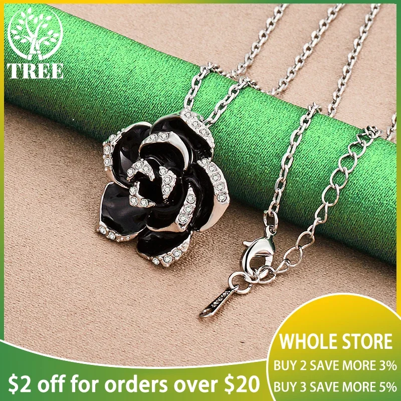 

ALITREE 925 Sterling Silver Zircon Crystal Black Flower Rose Pendant Necklace For Women Neo-Gothic necklaces Fashion Jewelry