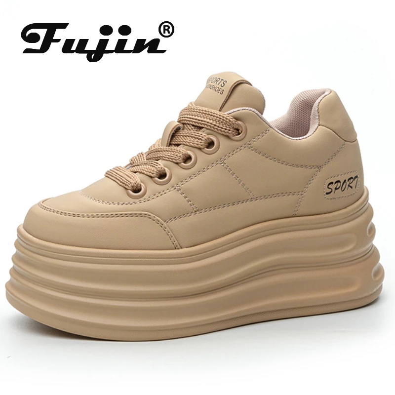 Fujin 8cm New Down stivali sintetici donna Streth tessuto autunno primavera piattaforma Wedge Fashion Chunky Sneaker Vulcanize Flats Shoes