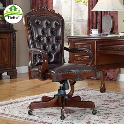 Silla elevadora de cuero auténtico estilo americano, asiento giratorio de madera maciza, Estilo Vintage, ajustable, para ordenador y oficina