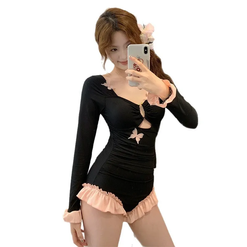 Sexy moda coreana manga longa borboleta maiô uma peça preto rosa retalhos babados bodysuits biquínis bonito roupas de praia