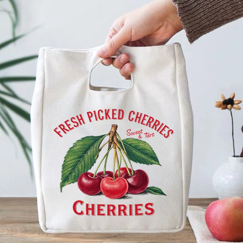 Fashion Design Canvas Lunch Bag Students Fruits Letter Print School Teen Picnic Food Bag Fruits Lover Gift Portable Lunch Bags