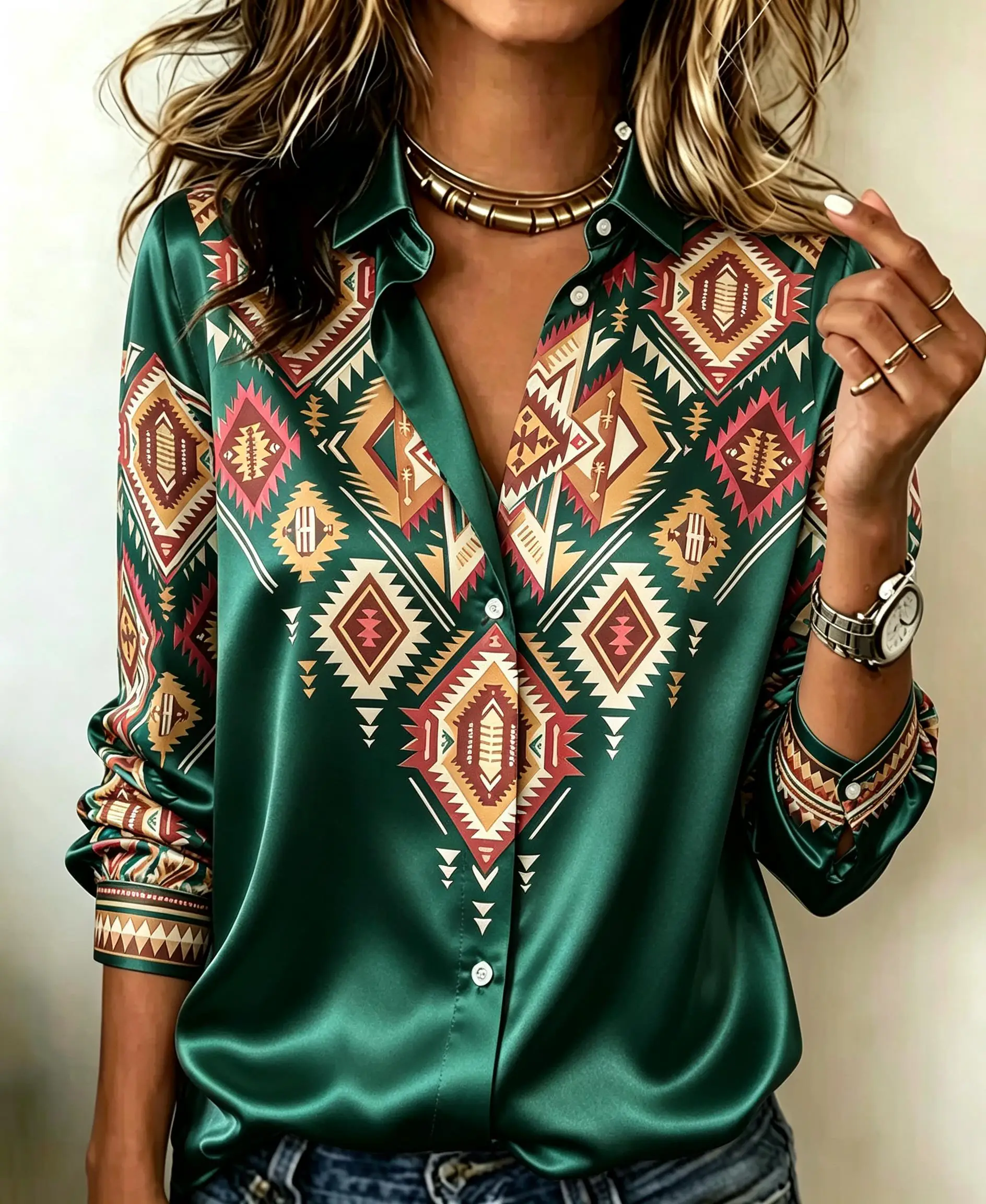 Women Lapel Collar Long Sleeve Button Down Shirt Ethnic Diamond Tribal Geometric Print Casual Loose Fit Blouse Tops