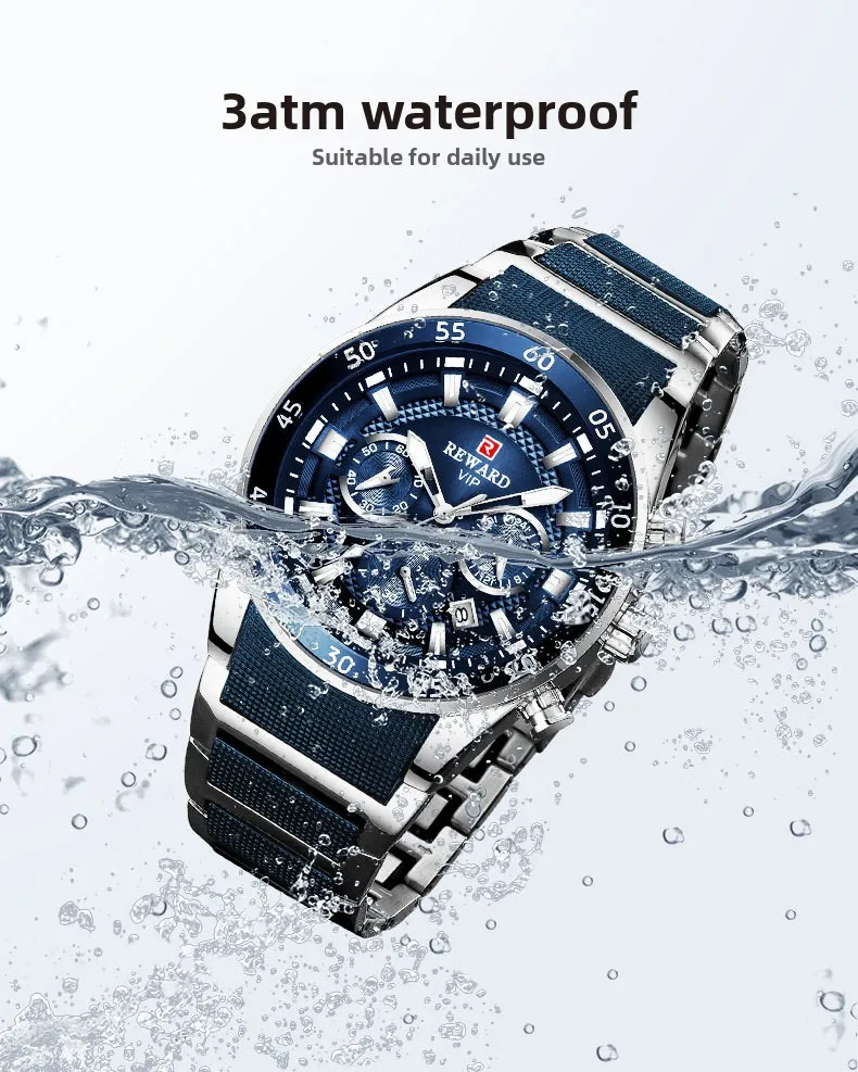 2025 ساعة رياضية متعددة الوظائف بثلاث عيون بتقويم مضيء مقاوم للماء وحزام فولاذي صلب من الفولاذ المقاوم للصدأ ساعة عمل