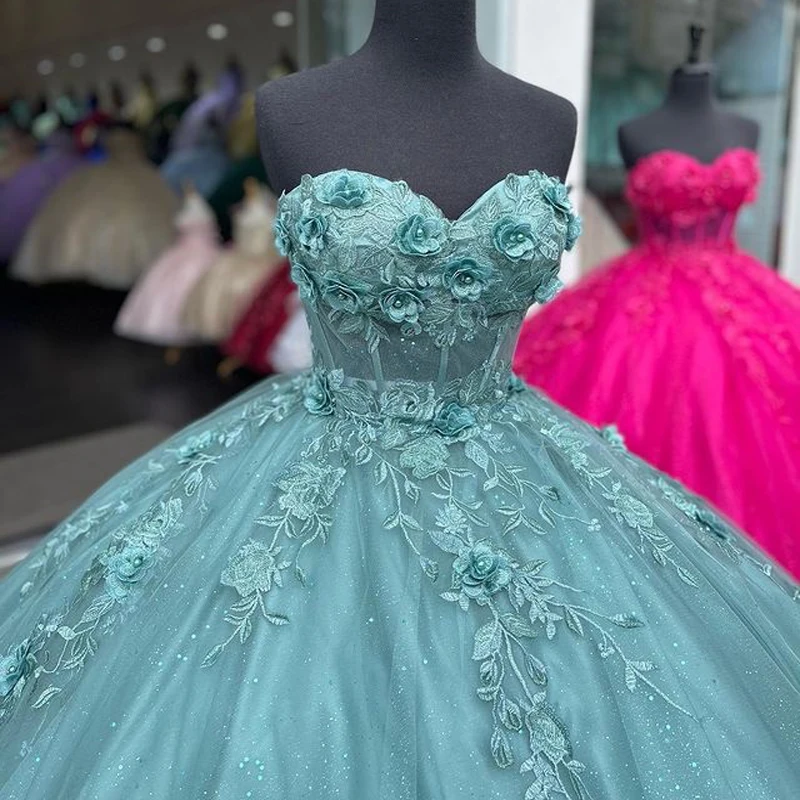 Robes de Quinceanera vertes sauge brillantes, robe de Rhde luxe, appliques florales 3D, robes Sweet 16, robes de fête d'anniversaire à lacets