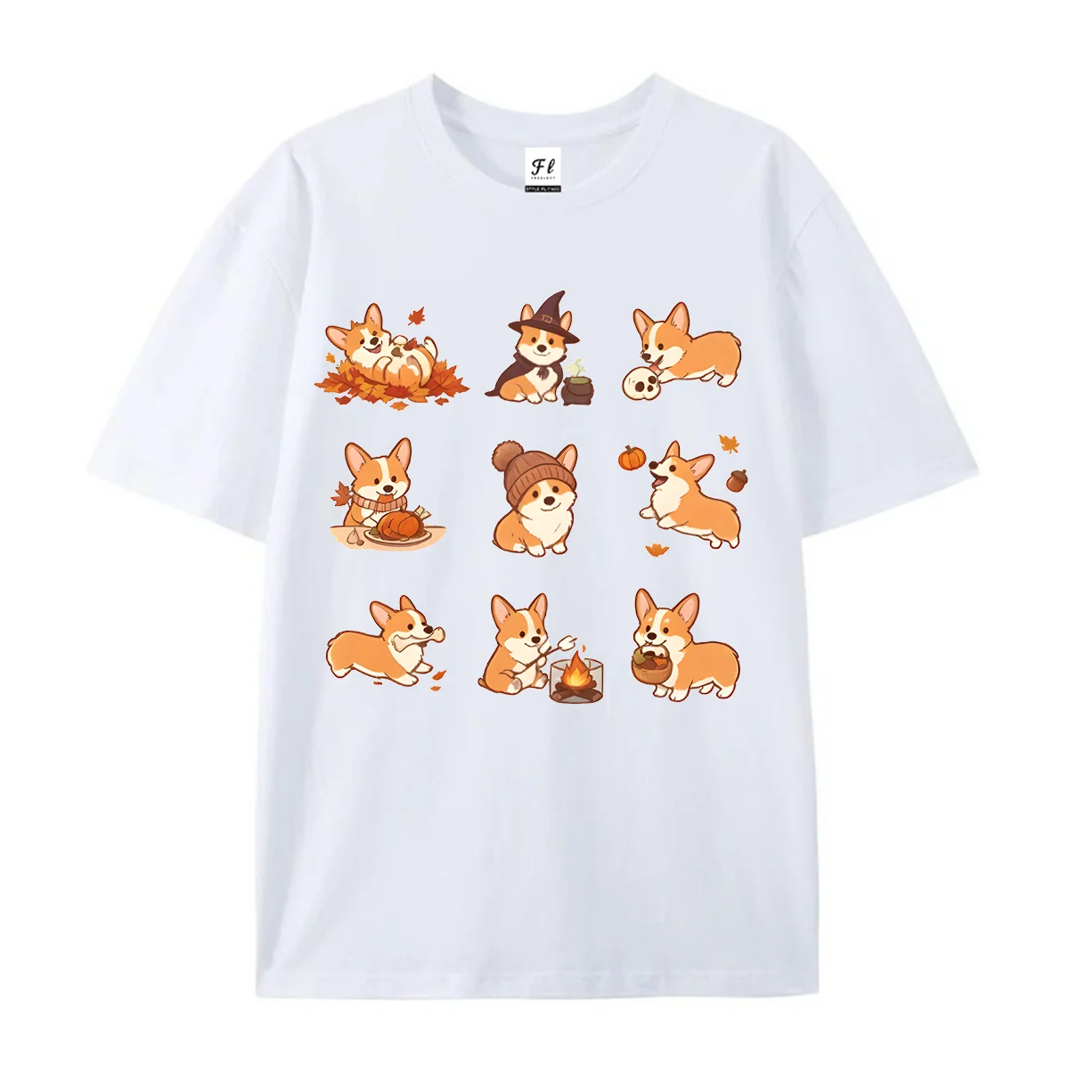 Corgi Dog Fall Autumn Collage Graphic T‑Shirt Cute 9 Grid Halloween Witch Hat Thanksgiving Turkey Pumpkin Maple Leaf Print Tees