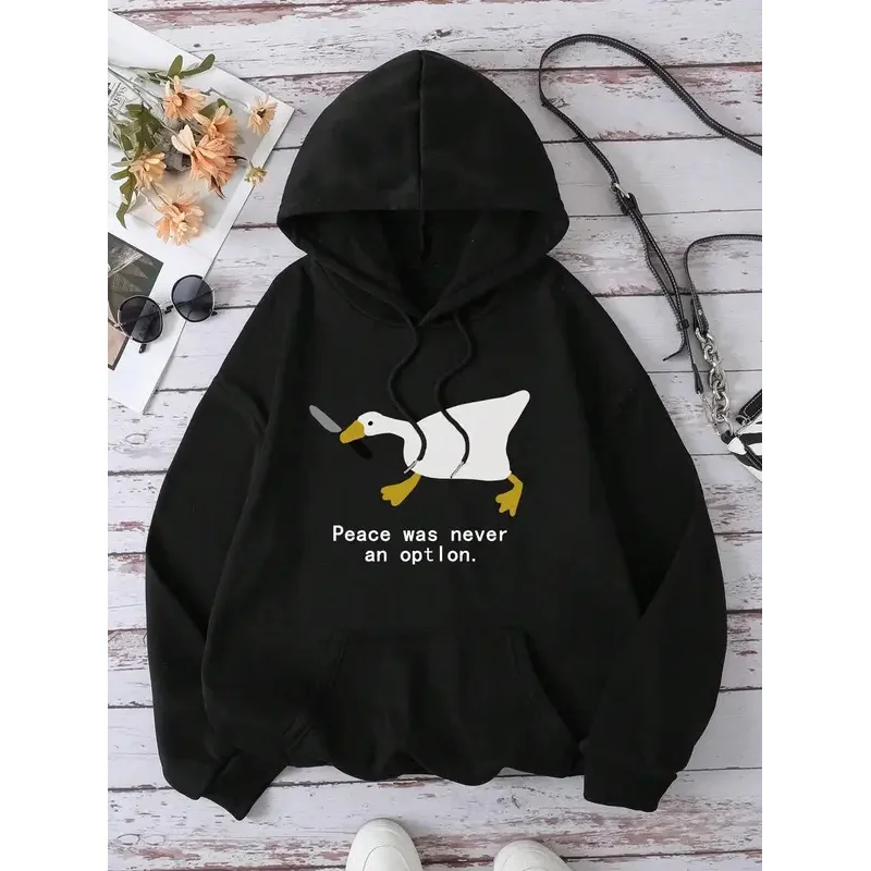 

Peace Was Never An Opton Funny Duck Men Hoody Simple Fleece Autumn Sweatshirt Street Crewneck Hooded Hipster Oversize Pullover