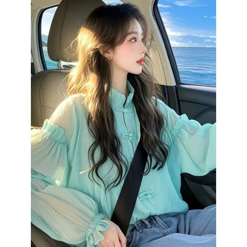 

Новая мятно-зеленая рубашка в китайском стиле в национальном стиле для женщин, весна 2025 года, новый топ на пуговицах с талией