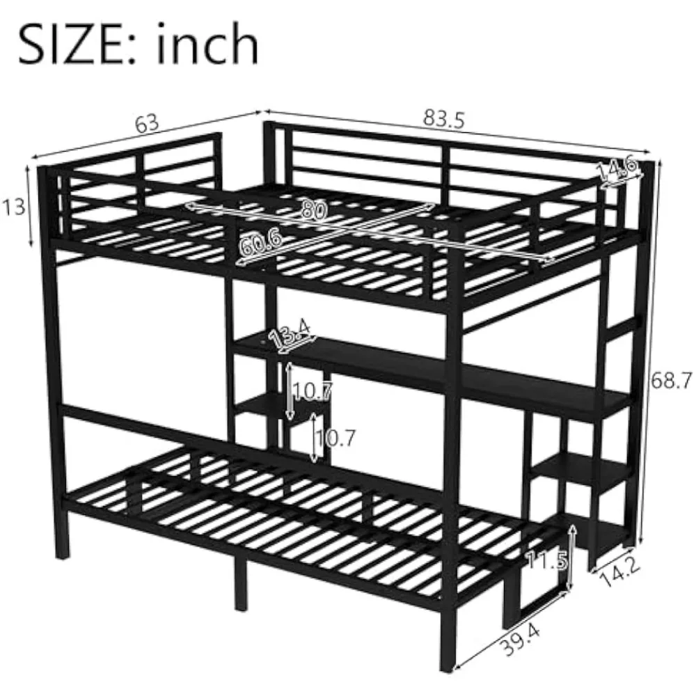 Bellemave Futon bunk Bed Twin XL Over Queen، سرير علوي كوين مع فوتون ومكتب وأرفف، سرير علوي مع Des Kand LED وUSB،