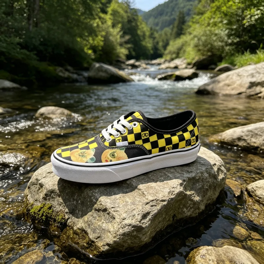 

Unisex Premium Low Top Canvas Sneakers, Cat Face & Checkerboard Print Trendy Versatile Casual Skate Shoes for Students
