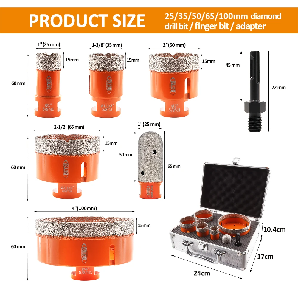 Imagem -05 - Bgtec-diamond Drilling Milling Bits Kit em em 11 em 25 mm 35 mm 50 mm 65 mm 100 mm Buraco Saw 25 mm Bit Diamond Dedo Telha Adaptador Sds Plus Pcs