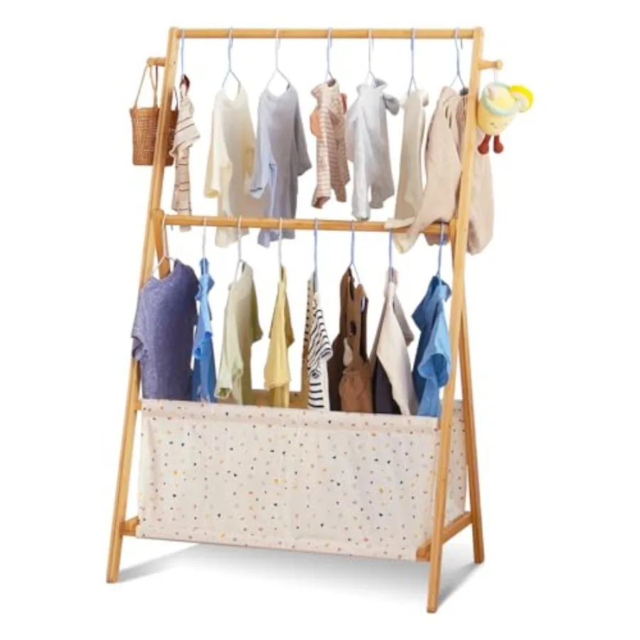 

Clothing Rrack- Dress Up Rack for Little Girls, FSC-Certified Bamboo Clothes Rack, Toddler Dress Up Storage Rack and Folding Co