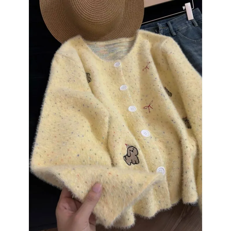 

1pc Plush Sweet Embroidered Colorful Dot Sweater Jacket for Women's Autumn and Winter Korean Style Wearing Knitted Cardigan