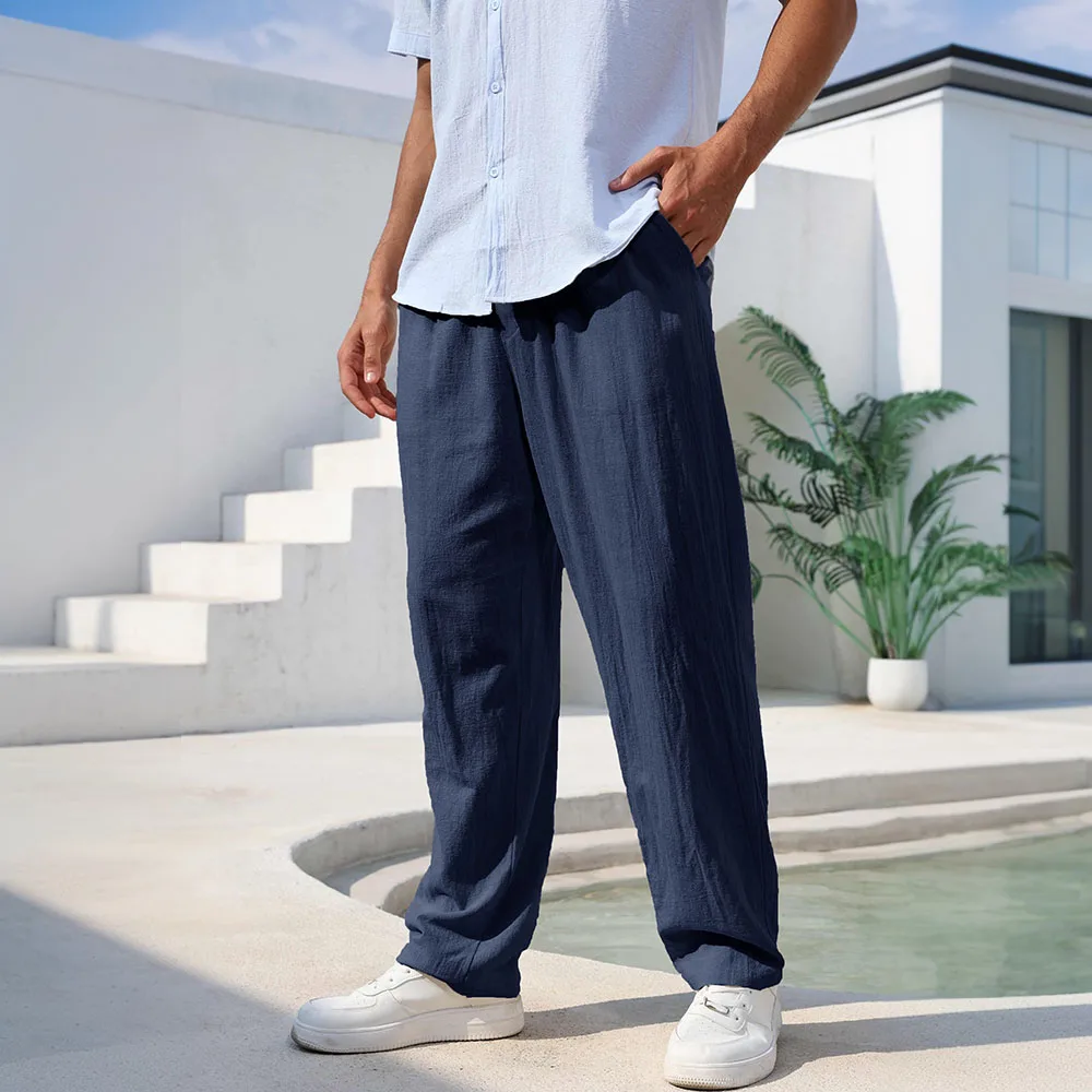 Baumwoll-Leinen-Hose für Herren, gerades Bein, leichte, atmungsaktive Strand-Stil-Hose, einfarbig, lässig, gemütlich, männliche Jogginghose – Detail 13