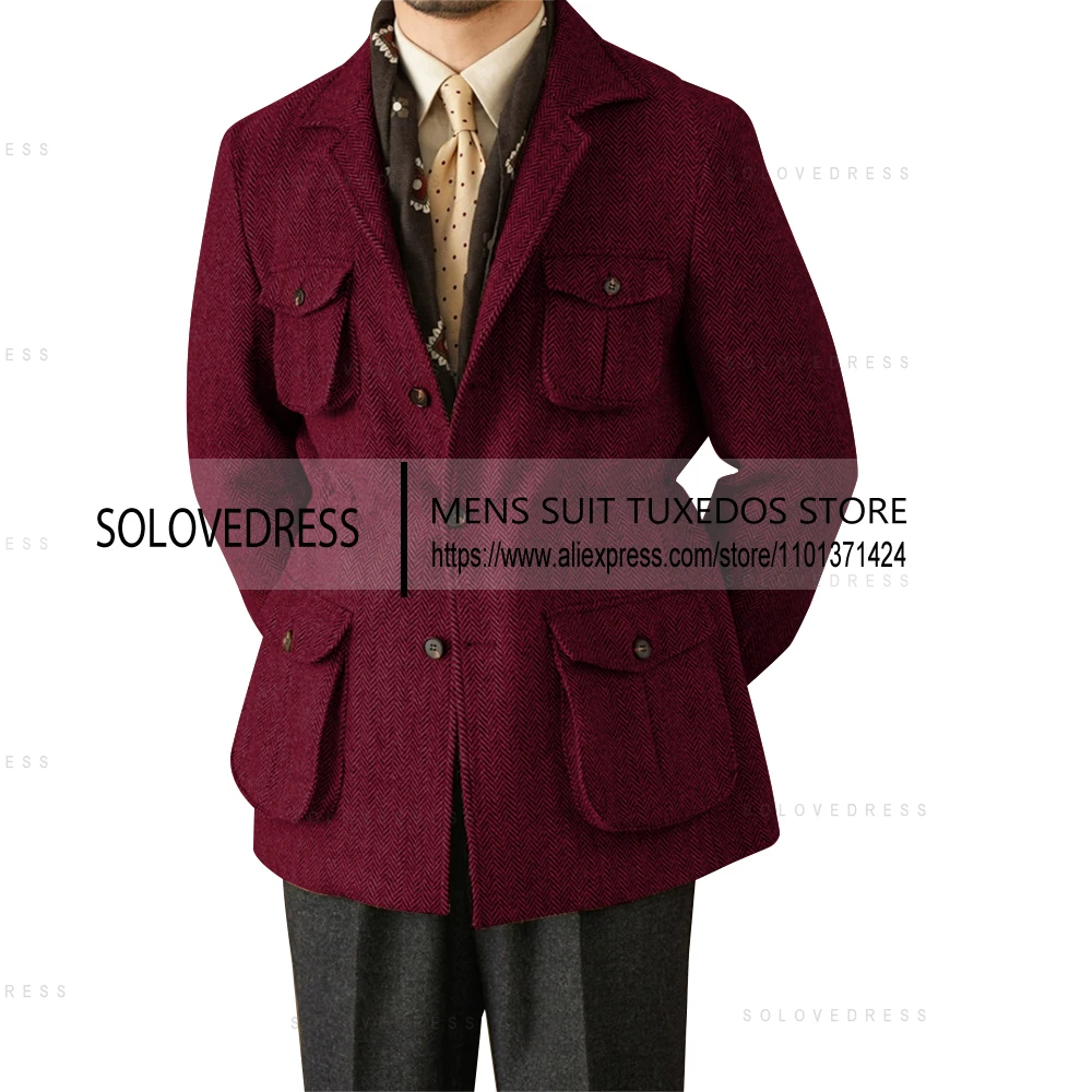 One Pieces Suits Herringbone Slim Fit Single Breasted Men's Suits Wedding Suits 4 Real Pocket （Just One Jacket）