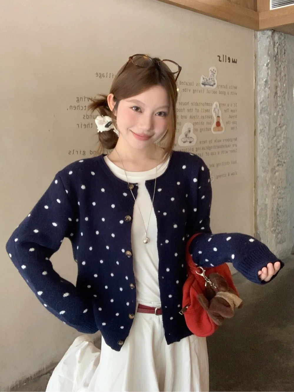 الحلو الكورية Sle فضفاض سترة مشغولة من الصوف المرأة البولكا نقطة جولة Ne مفتوحة الجبهة سترة ort ملابس خارجية الخريف Faion