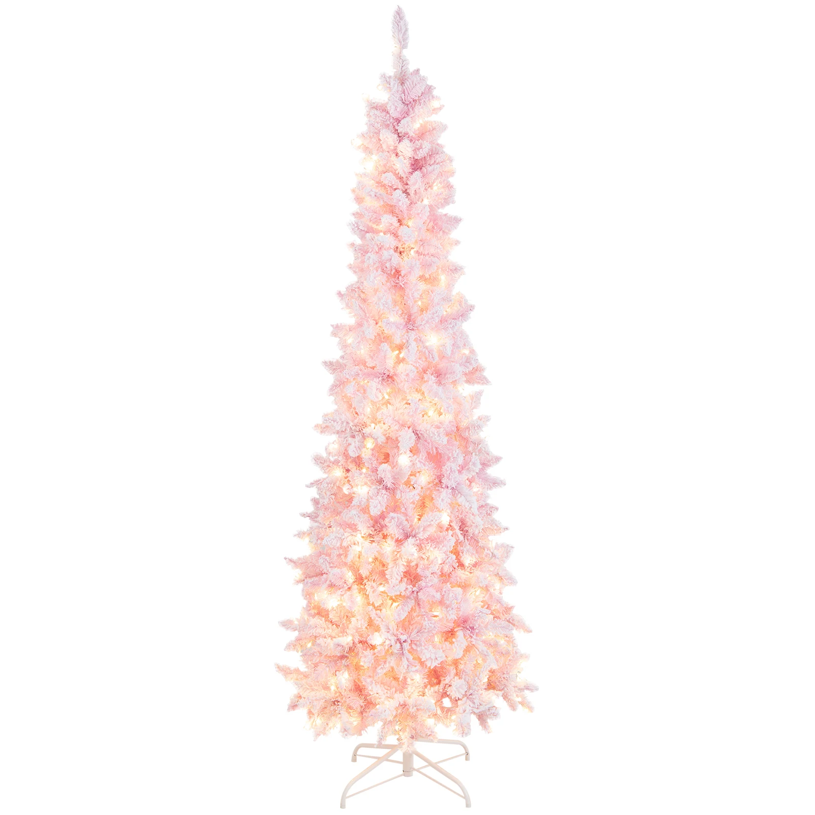 7FT Pre-Lit Snow Flocked Hinged Pencil Christmas Tree w/ 300 Lights & 8 Modes