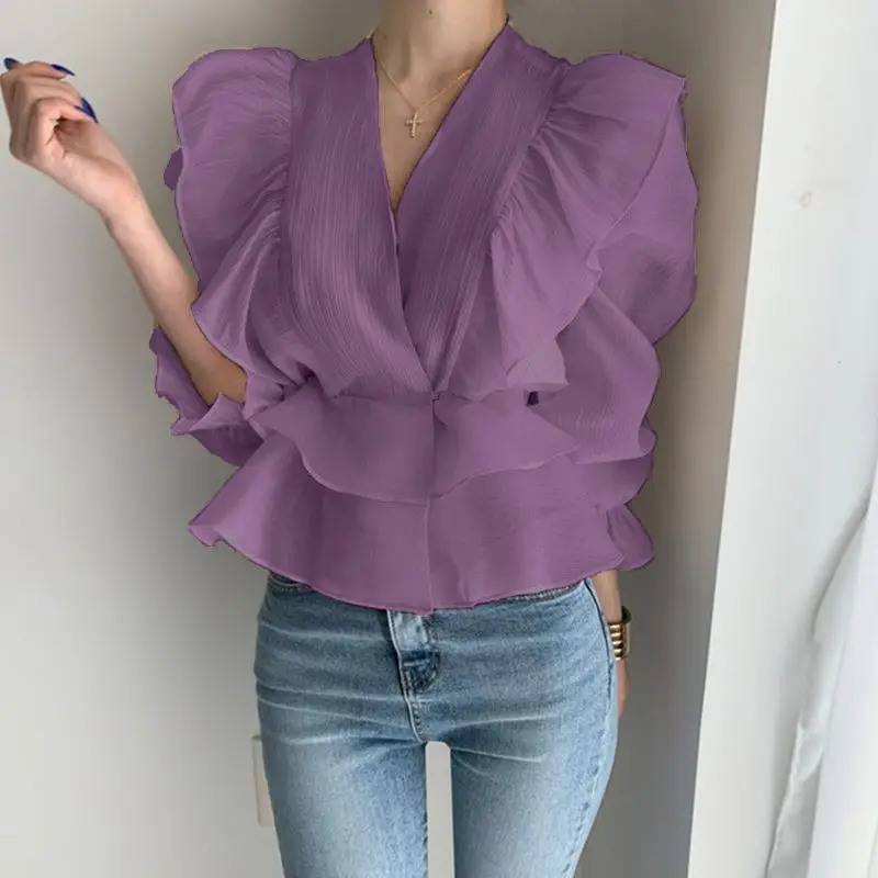 Women Vintage Ruffles Design Elegant Blouse Autumn Fashion V Neck Chic Chiffon Shirts Solid Long Sleeve Gothic Tops Slim Blusas