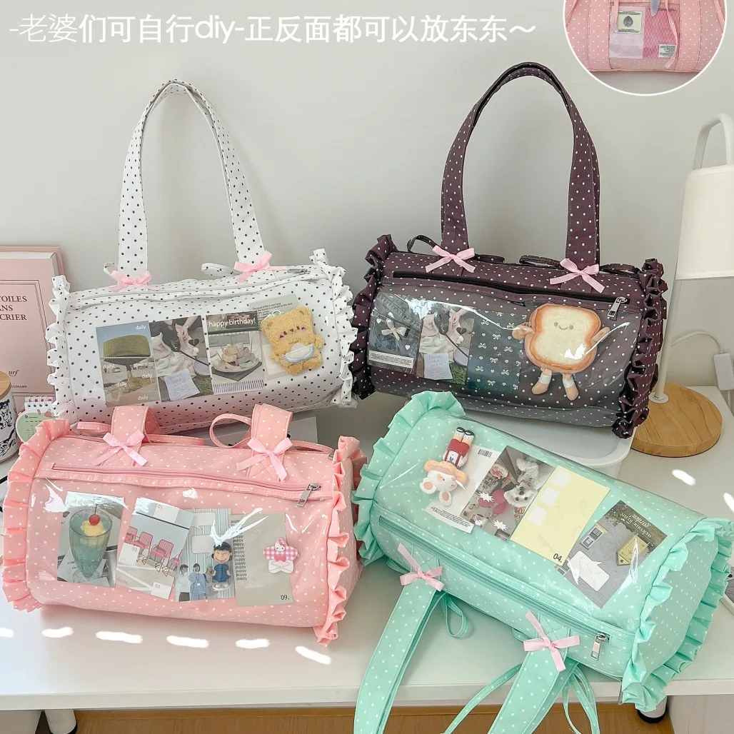 

2025 New Japanese Ruffle Bow Bag Women Large Capacity Girly Polka Dot Cylinder Boston Underarm Shoulder Purse