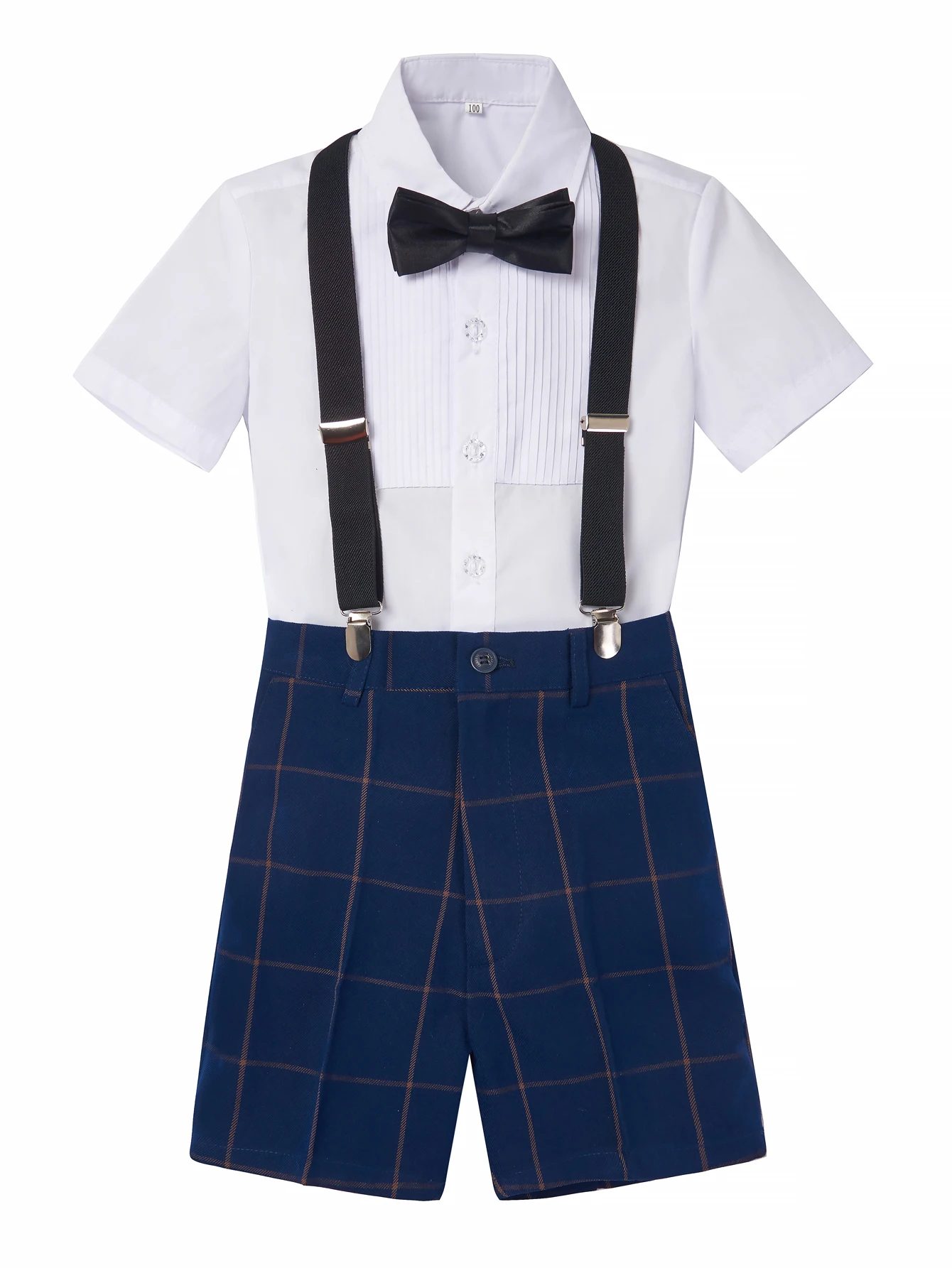 4pcs/set Boys' short Suit Set With short  Shirt , short Pants  Tie And Straps School Uniforms