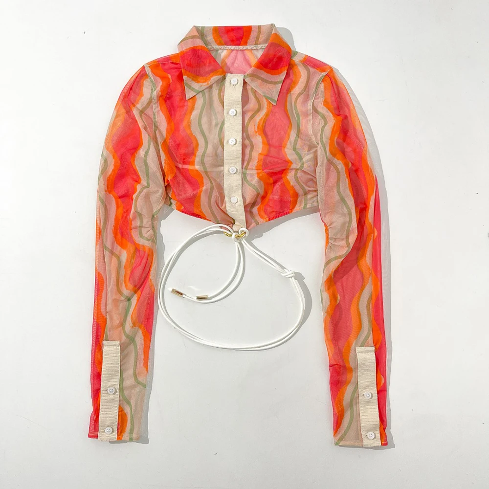 Color-blocked Wavy-Patterned Women's Shirt, Tie-Front Crop Top with Single-Button Long Sleeves in Mesh Fabric 2026 Spring New