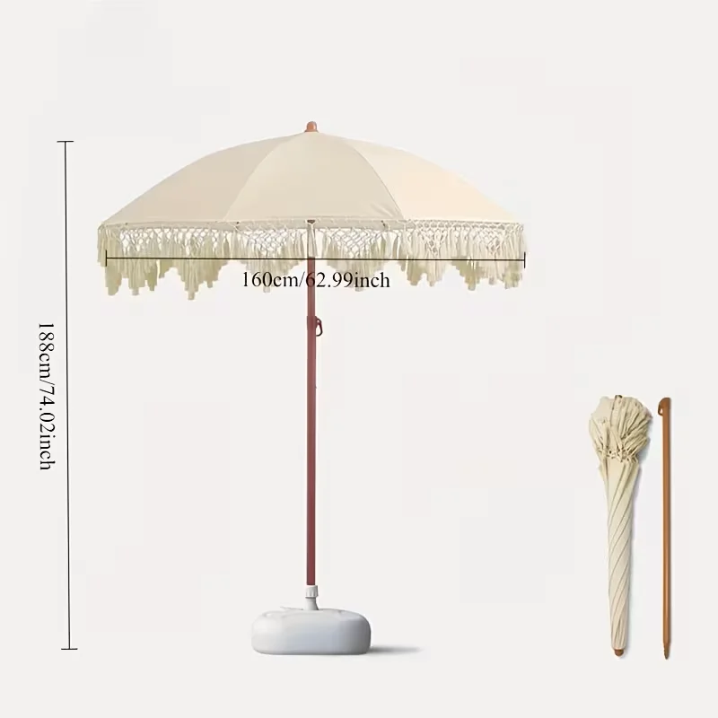 Large Bohemian Style White Patio Umbrella, Swivel & Height Adjustable with Crank Handle, Triangle Tassel Design, Portable Stand,