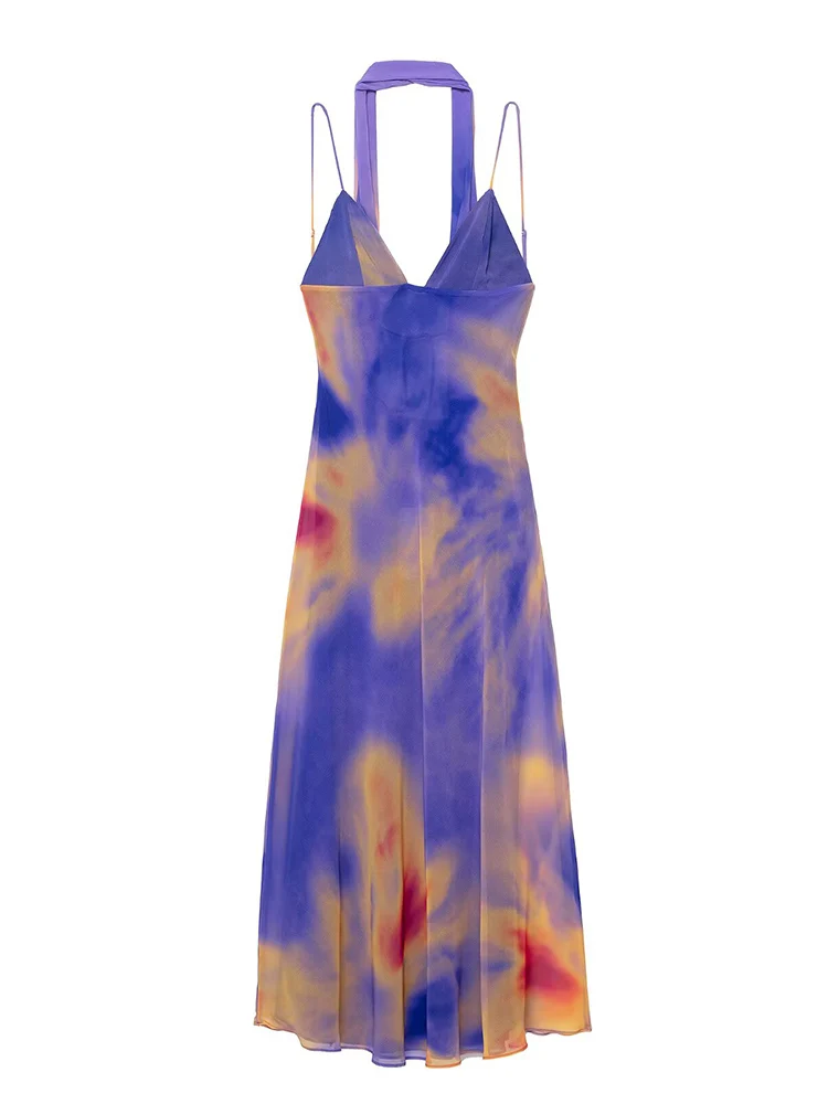 TFMLN Elegant Women Sling Dress With Scarf Holiday Sleeveless Backless Evening Dress Chic Tie-dye Print Summer Vacation Outfit
