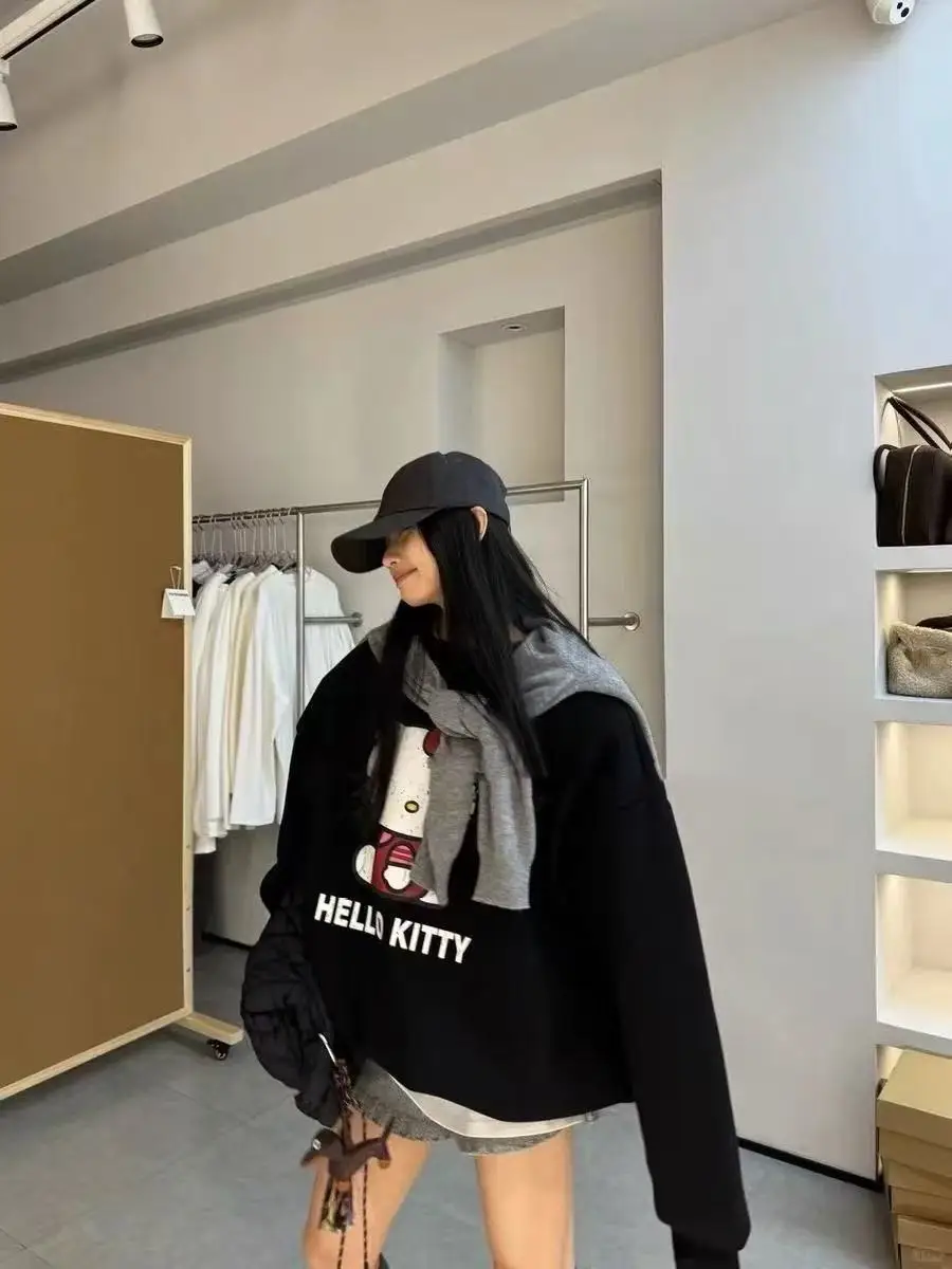 Sanrio hello kitty versão na moda dos desenhos animados impressão feminina outono inverno em torno do pescoço hoodie para mulher manga comprida pullovers versáteis