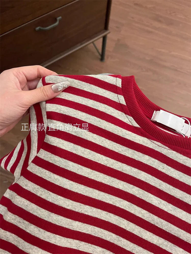 American Retro Classical Striped Crop Top High Street Sweet O-Neck Tees Short Sleeve Knitted T-Shirts Spring Summer Red Harajuku