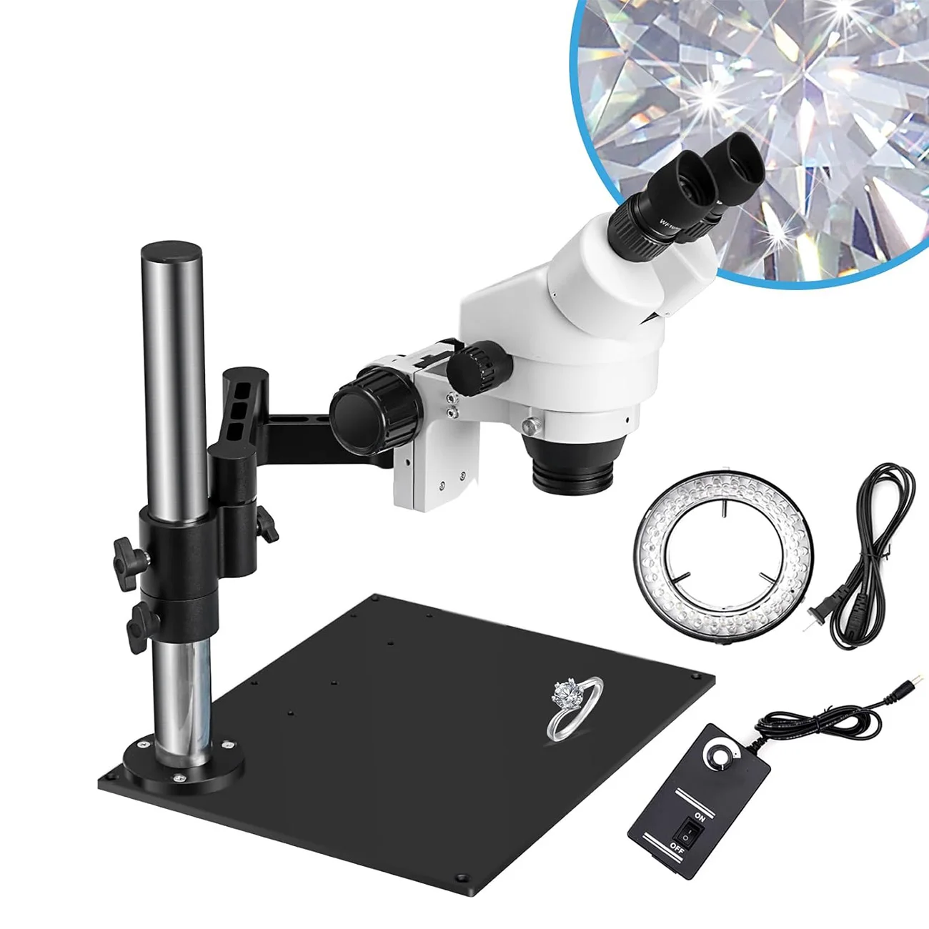 7X-45X Stereo Microscope for Jewelry with 0.5X-2.0X Lenses, WF10X Eyepieces, Articulating Stand, 60-LED Light