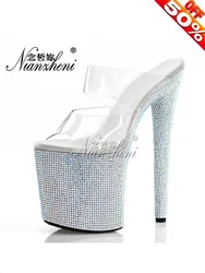 Pantofole con plateau a strisce da 8 pollici Pole Dance tacchi sottili modelli da discoteca donna exotic CrossDress Party strass Peep Toe walk