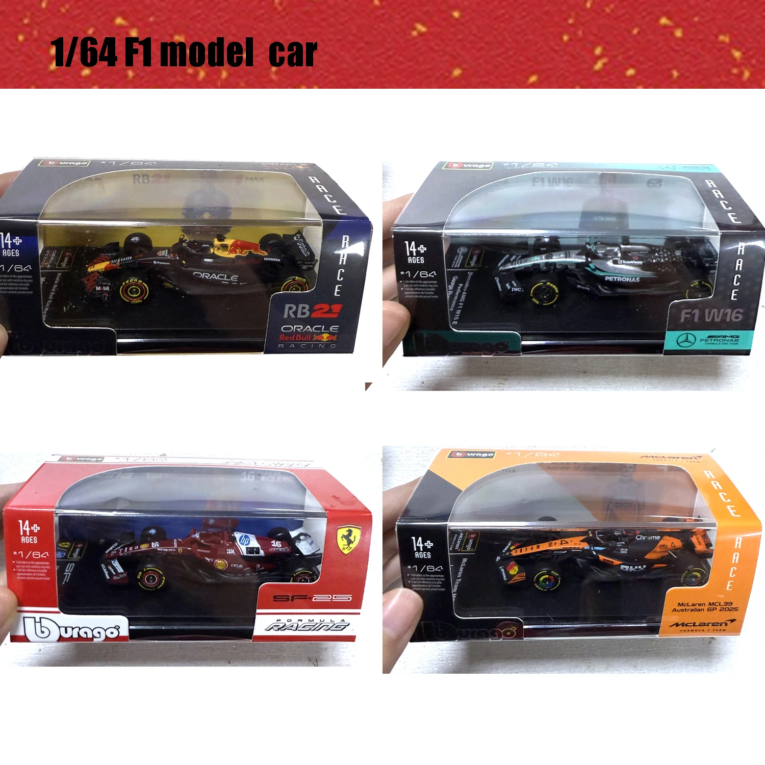 Модель-ferrari-bburago-1-64-2025-mclaren-f1-с-шлемом-литая-миниатюрная-модель-гоночного-болида-Формулы-1-игрушка-mcl39-w16-sf25-red-bull-rb21