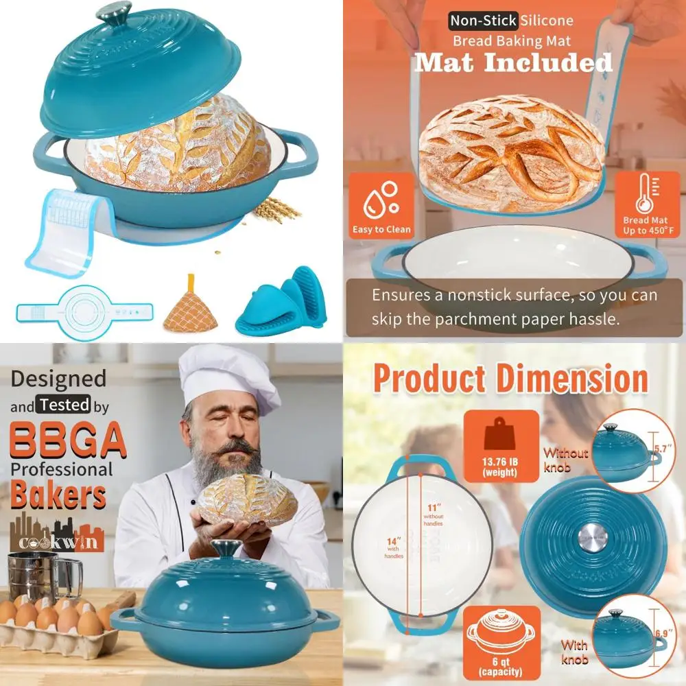 

Enameled Cast Iron Dutch Oven for Sourdough Baking - 11 Bread Pan Kit with 6 Quart Enamel Bread Pan and Silicone Lid for Baking