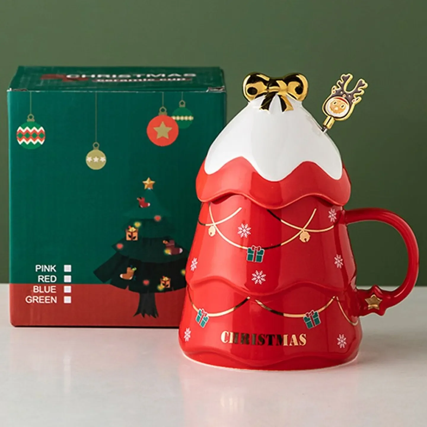 500ml Red Christmas Tree Ceramic Mug with Lid, Glazed Coffee Cup with Fired Decal Finish and Smooth Rim for Holiday Gift Giving