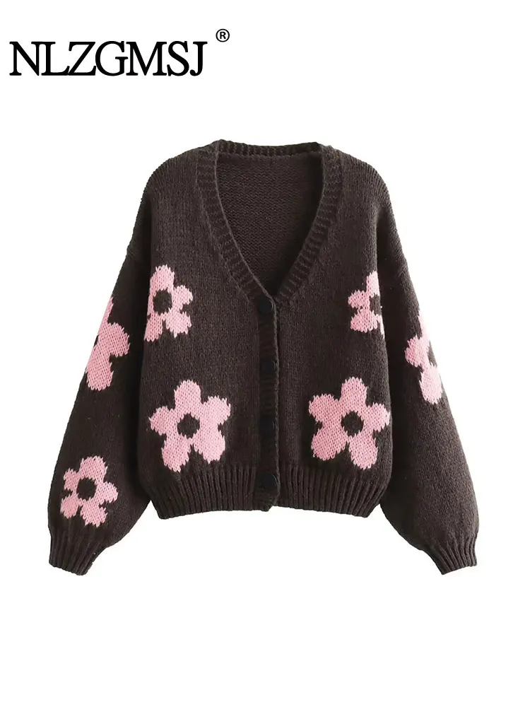 Traf Winter blume Jacquard Strickjacke Frauen Langarm Strick pullover Frau Knopf kurze Herbst pullover