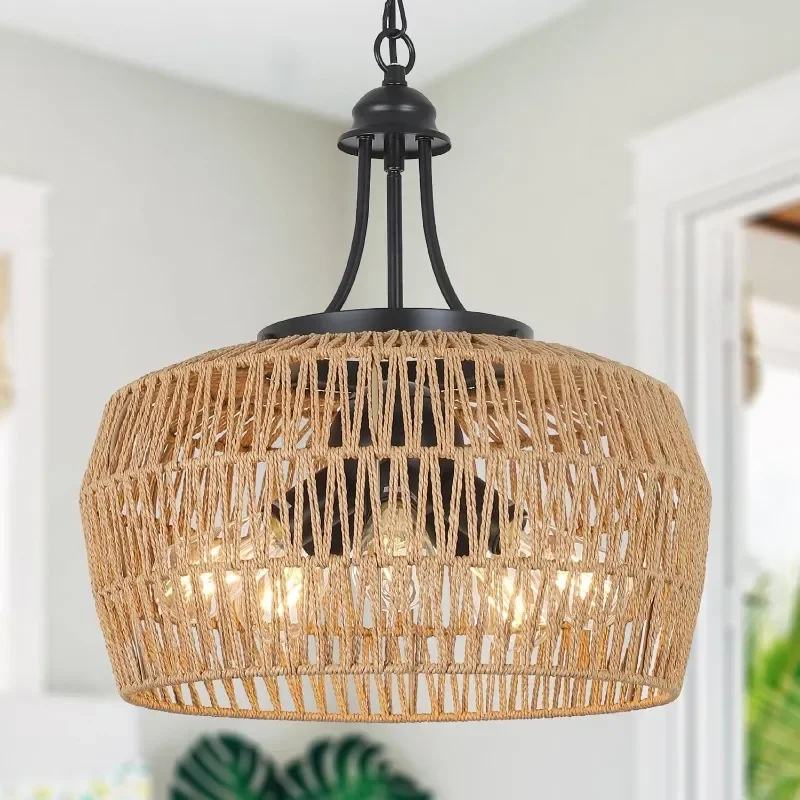 HMVPL Large Farmhouse Chandeliers for Dining Room, 5-Light Rattan Boho Chandelier Light Fixture with Wicker Lampshade