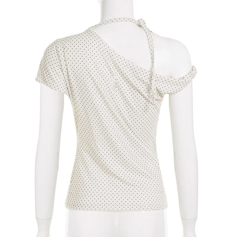 Damen Polka Dot Rückenfreies Neckholder-Top mit Knoten, Eng Anliegend, Kurzarm, Lässige Streetwear, Sexy Modisches T-Shirt-Oberteil – Detail 15