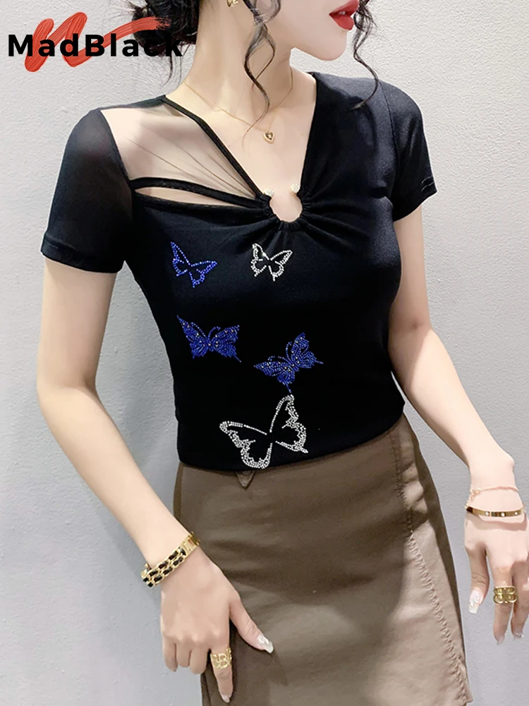 

MadBlack Summer V Necks T-Shirts Ladies Sexy Butterfly Hot Drill Slim Double Layer Mesh Tops Short Sleeve Tees New 2023 T34423C