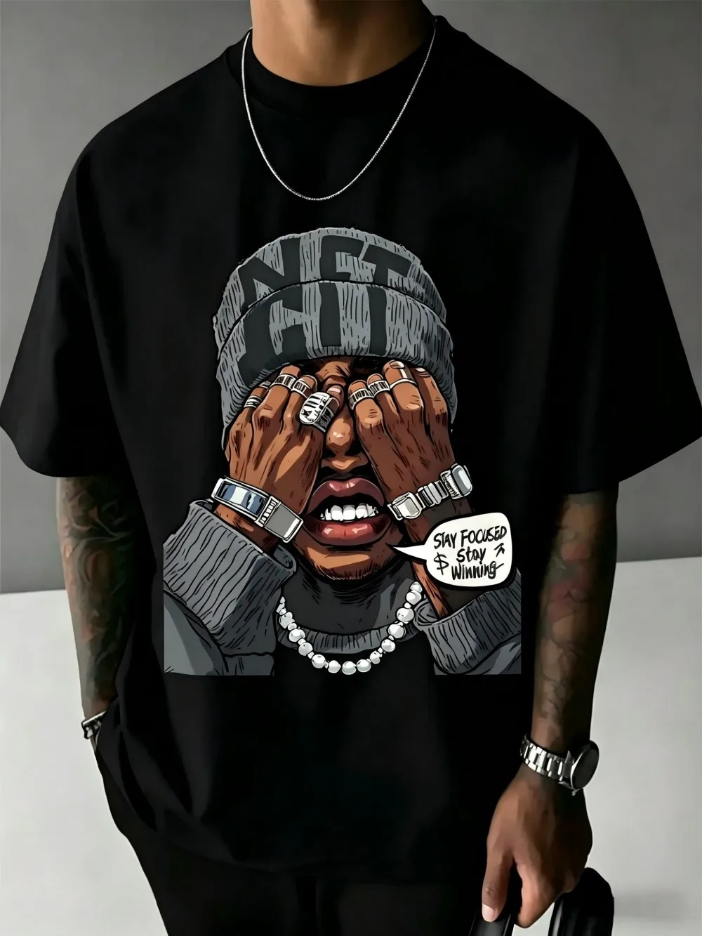 Family Matching T‑Shirt Black Hip‑Hop Cover‑Eyes Character Comic Portrait Speech Bubble Slogan Chest Print Streetwear Sleeve Tee