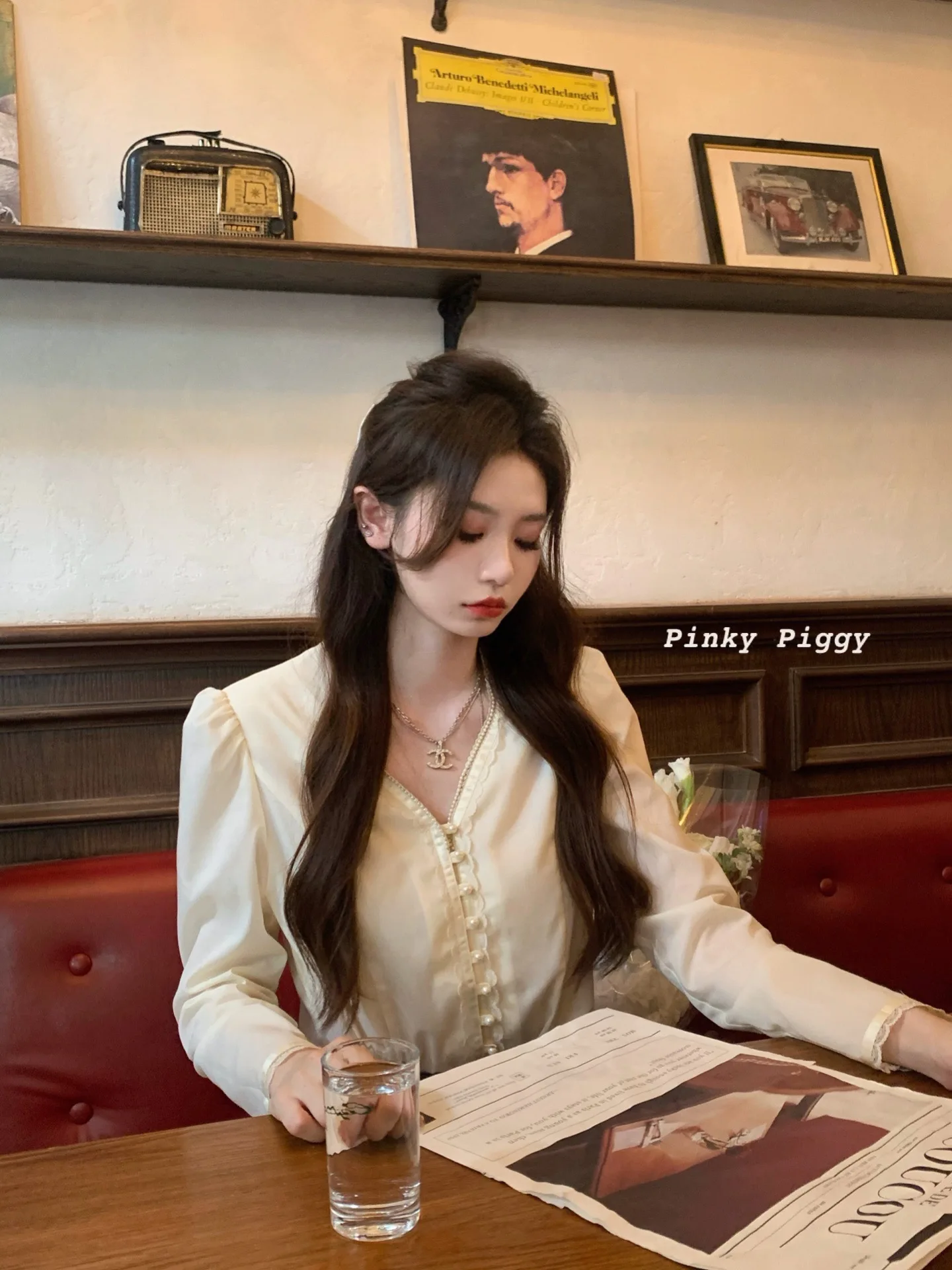 

Винтажный вязаный кружевной топ Pinky Piggy Anna с длинными рукавами и жемчугом, женская роскошная блузка из смесового полиэстера и хлопка с V-образным вырезом