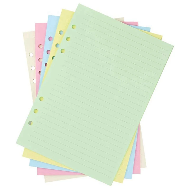 A5 Colorful 6-Hole Punched Ruled Refills Inserts For Organizer Binder, 5-Color Loose Leaf Planner Filler Paper,100Sheets