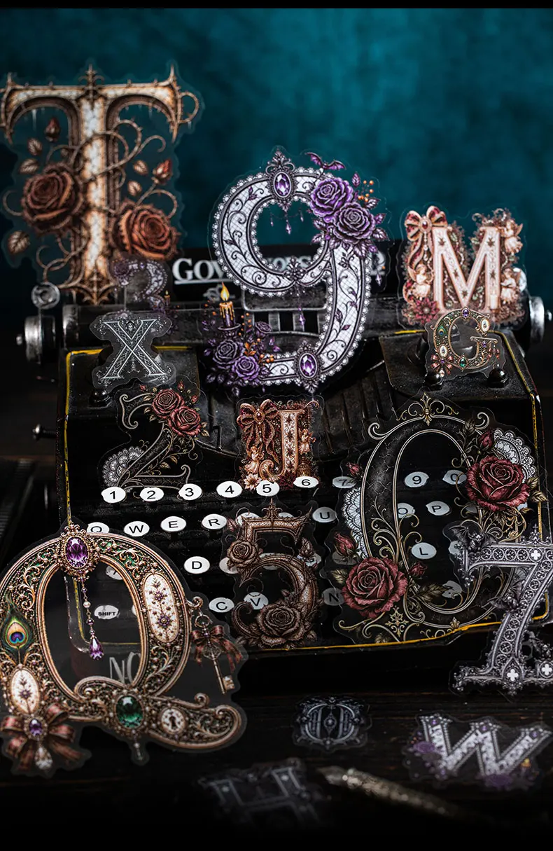 Journal GO 36 Stück Dark Symbol Gothic PET-Aufkleber, verzierte Alphabet- und Zahlen-Abziehbilder für Journaling, Scrapbooking, Planer & DIY-Bastelarbeiten – Detail 3