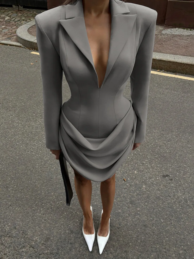 Classic Ruched Dress Women Lapel Irregular Hem Full Sleeve Skinny Solid Elegant Autumn Trend Commute Office Bodycon