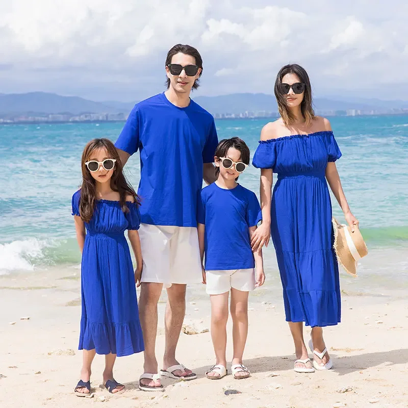 

Dad and Daughter Matching Family Son and Mom Clothes Parent-child Outfit 2024 New Resorts Look Mother and Baby Blue Party Dress