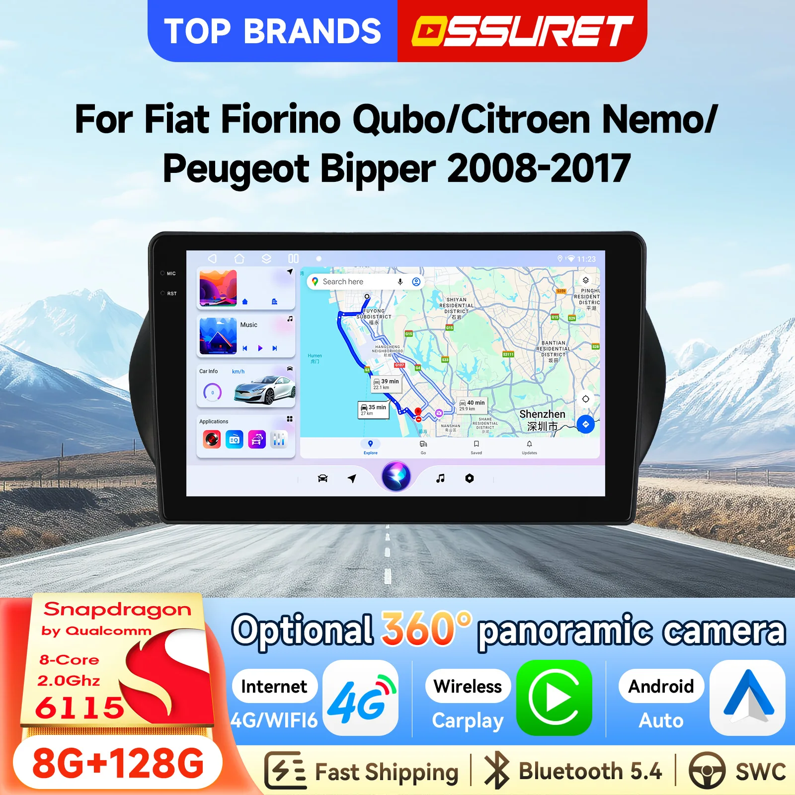 OSSURET GPS 2 Din 10.1'' Autoradio Android 15 per Fiat Fiorino Qubo/Citroen Nemo/Peugeot Bipper 2008-2017 Schermo Intelligente CarPlay Wireless Android Auto SWC DSP Audio 4G Wifi Bluetooth Lettore