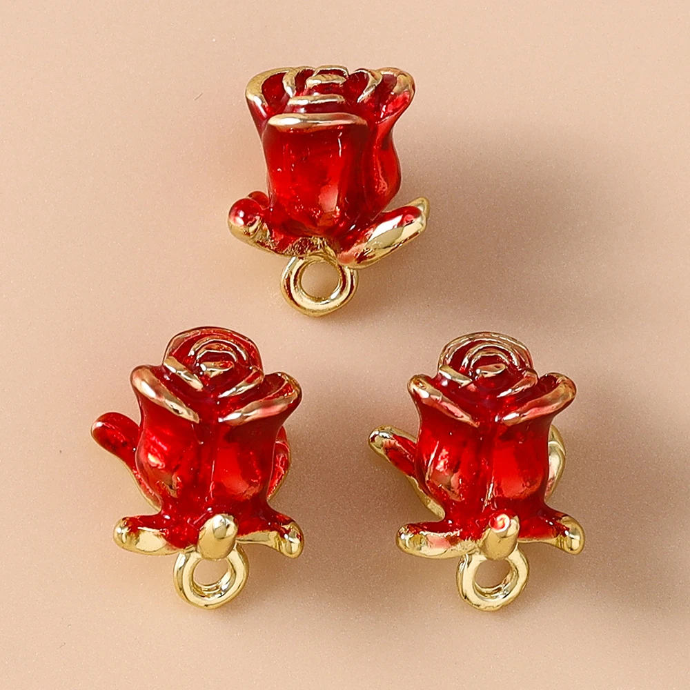 Leslie 5 Stück Emaille-Anhänger aus Legierungsmetall mit roten Rosenblüten für DIY romantische Rosen-Ohrringe für Damen, Schmuckherstellung, Zubehör – Detail 8
