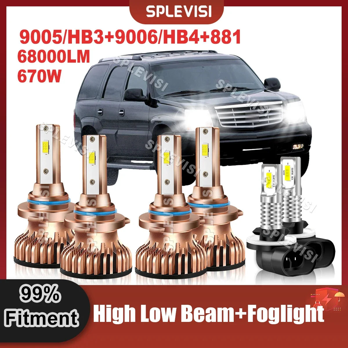 

LED Automobile Headlight High Low Beam Foglight Kit 9005 9006 881 For Cadillac Escalade 1999 2000 2001 2002 9V-24V 6000K White