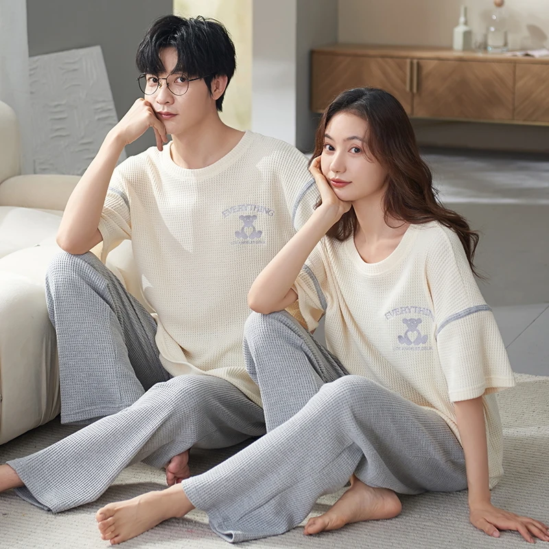 

Summer Short Sleeve Long Pant Pyjamas Lovers Cotton Couple Pajama Sets Women Men Sleepwear Plus Size Home Clothes Freeship