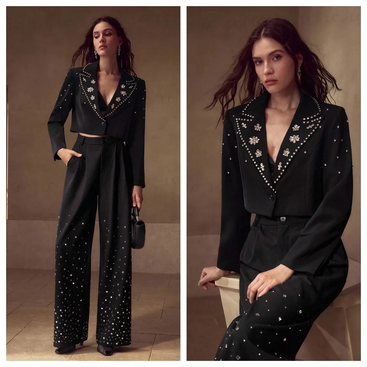 Design Women Suits 2 Pieces Short Blazer Pants Beads Diamonds Peaked Lapel Loose Fit Plus Size Custom Made Mother Of The Bride